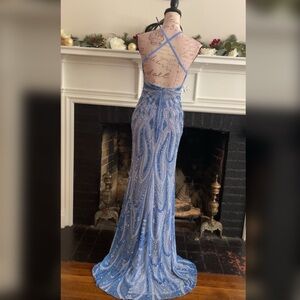 Sparkly open back hand beaded light blue prom dress, formal dress pageant gown